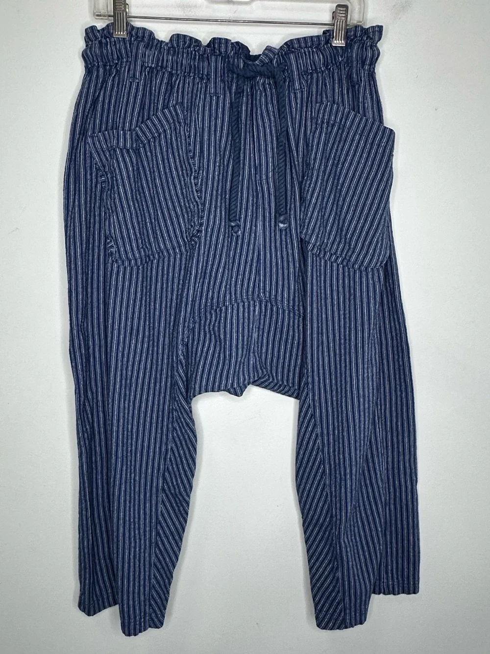 Free People Runyon Oversized Stripe Harem Drop Crotch Blue Cropped Pants